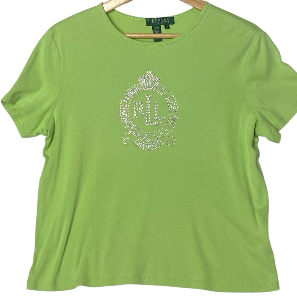 Vintage Lauren Ralph Lauren‎ Rhinestone Tee Womens M Green Preppy Elevated Basic